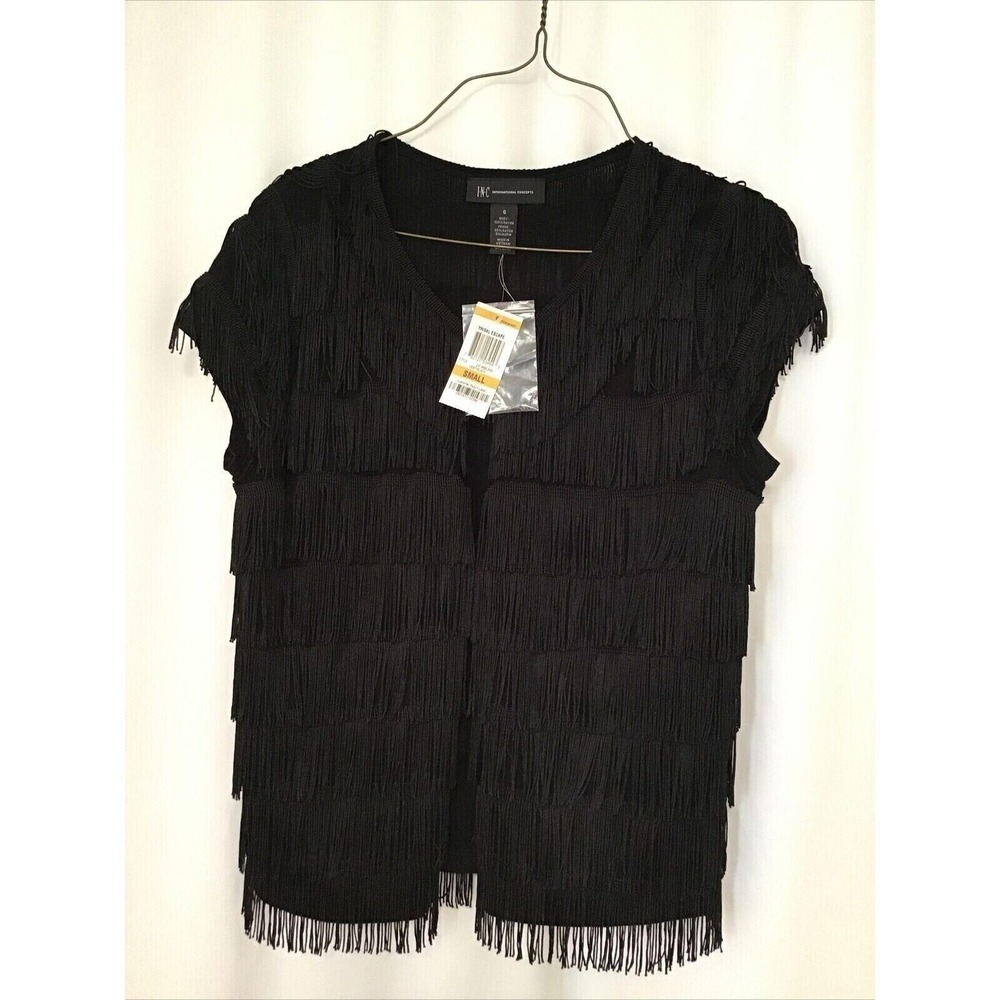INC Black Fringed Vest Sleeveless Car Top  sz S‎  NEW